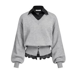 Commense Contrast Collar Lace Hem Sweater XL Gray Layered Knit NWT Chic Parisian